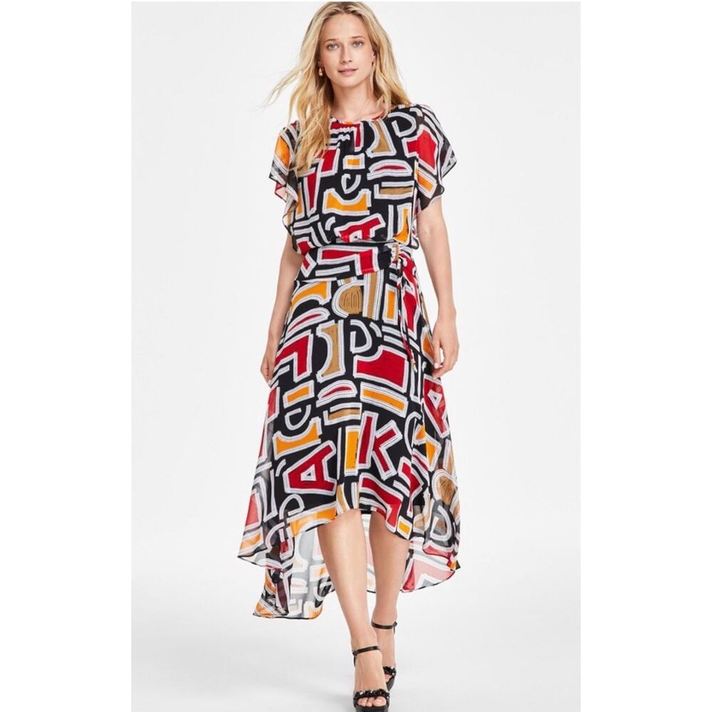 Karl Lagerfeld Paris Printed High-Low Chiffon Flutter Sleeve Dress 4